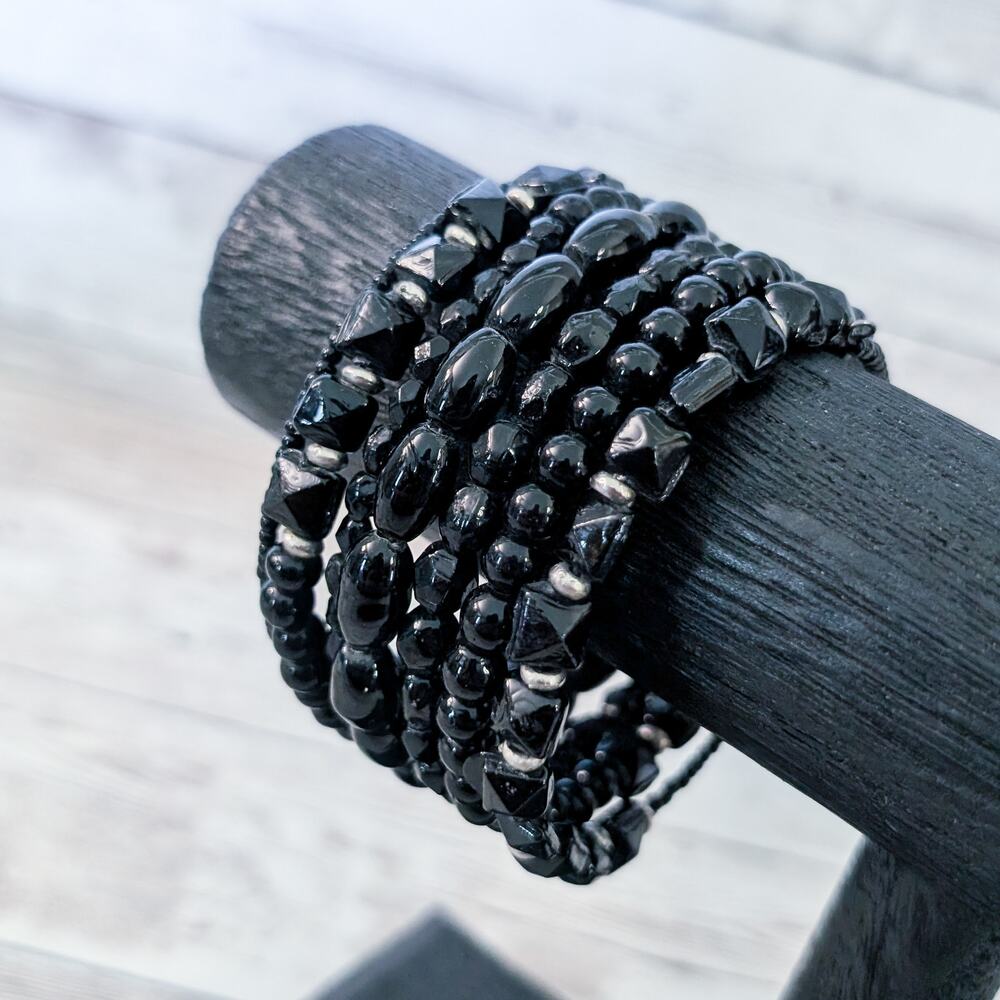 Vintage Wrap Bracelet Black Beads Wide/Chunky